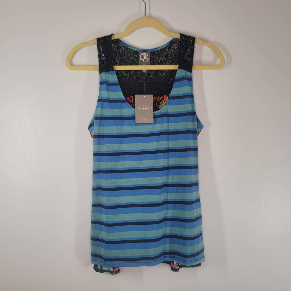 Anthropologie One September Floral Striped Sleeveless Lace Tank Top Size XS NWT